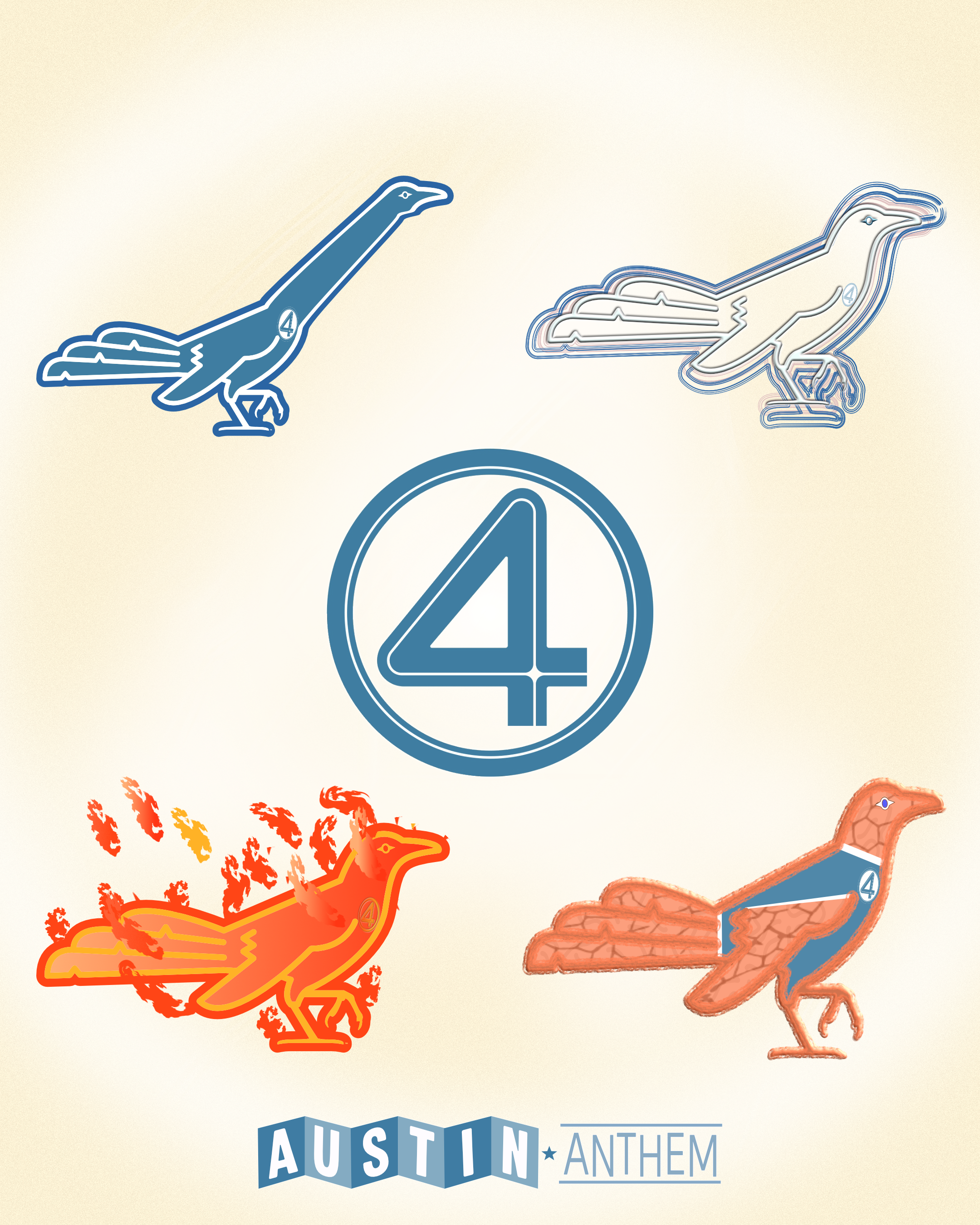 Four grackles dressed as member of the Fantastic Four surrounding a "4" logo in the center.